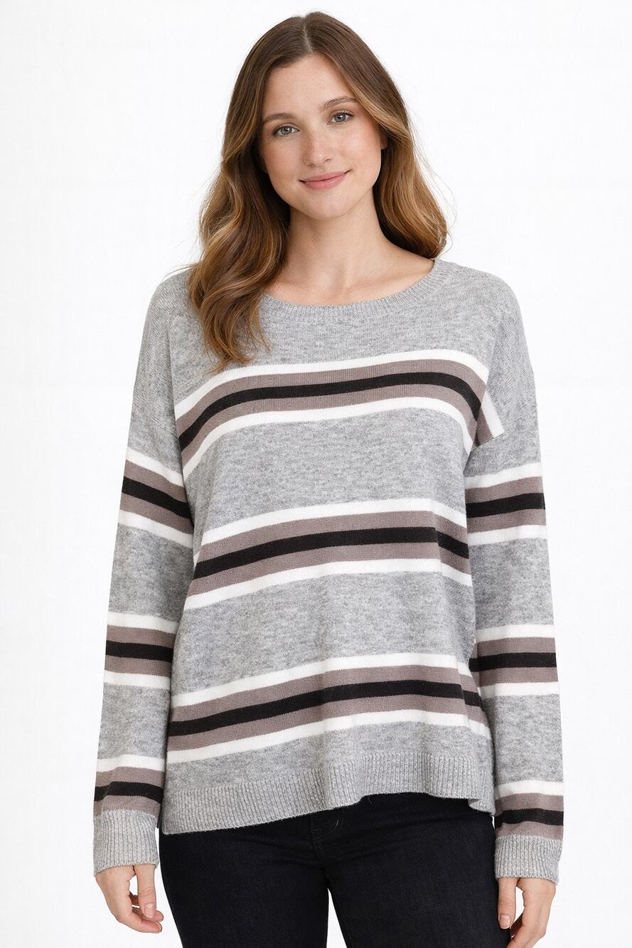 Cupcakes & Cashmere Womens Small Amour Gray Brown Striped Scoop Neck Sweater